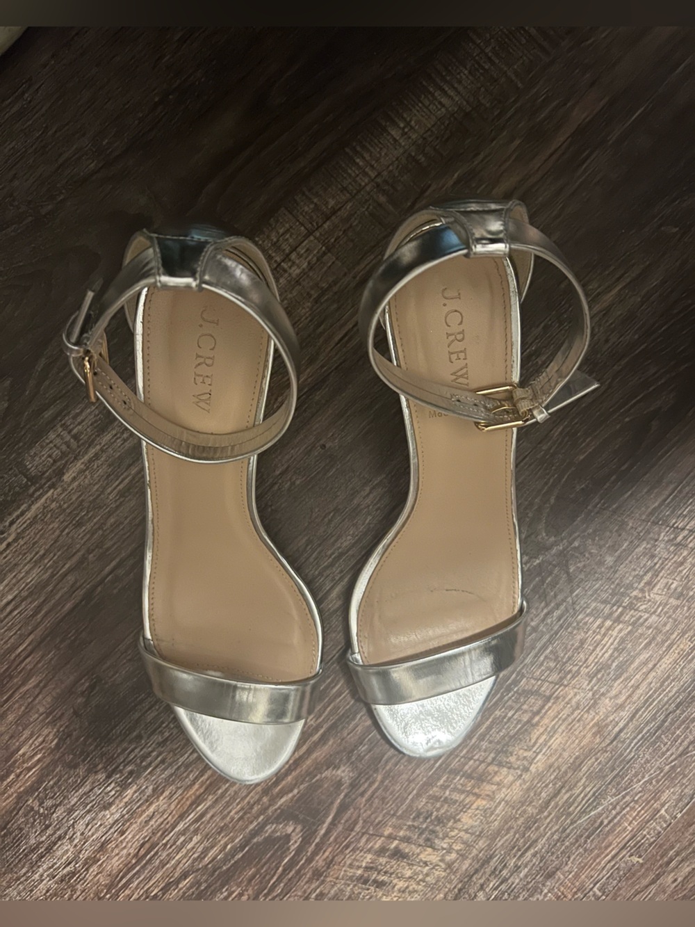 J. Crew Metallic Silver Ankle-Strap Block Heels